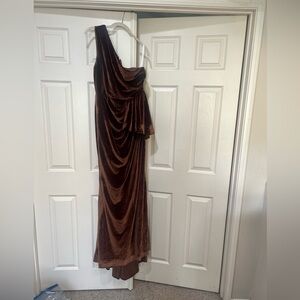 One shoulder Brown Velvet Asymmetrical ruched long Dress wedding guest 14
